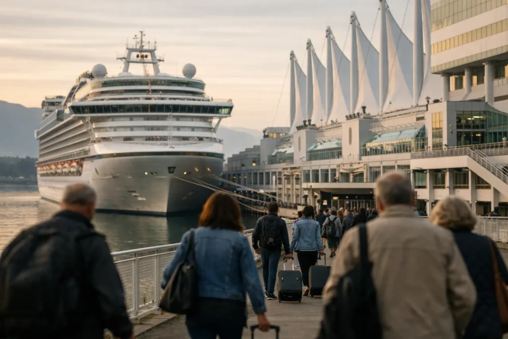 Navio de cruzeiro junto ao Canada Place, em Vancouver, com viajantes a aproximarem-se do terminal pela manhã